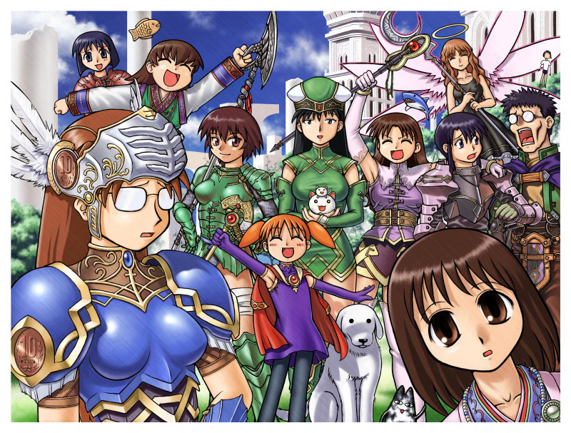 1boy 6+girls aelia aelia_(cosplay) azumanga_daioh black_hair blush brown_eyes brown_hair child cosplay crossover everyone freya_(valkyrie_profile) freya_(valkyrie_profile)_(cosplay) glasses halo kagura kagura_(azumanga_daiou) kaori_(azumanga_daiou) kasuga_ayumu kimura kimura's_wife kurosawa_minamo lenneth_valkyrie lenneth_valkyrie_(cosplay) mihama_chiyo mizuhara_koyomi multiple_girls orange_hair sakaki tadakichi-san takino_tomo tanizaki_yukari valkyrie_profile wings