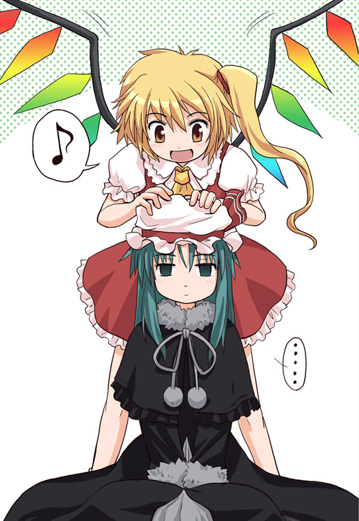 ... 2girls :d blonde_hair capelet cosplay crossover empty_eyes expressionless flandre_scarlet green_eyes green_hair haniwa haniwa_(leaf_garden) hat hat_removed headwear_removed headwear_switch len len_(cosplay) multiple_girls musical_note open_mouth orange_eyes quaver side_ponytail smile spoken_ellipsis spoken_musical_note touhou tsukihime wings