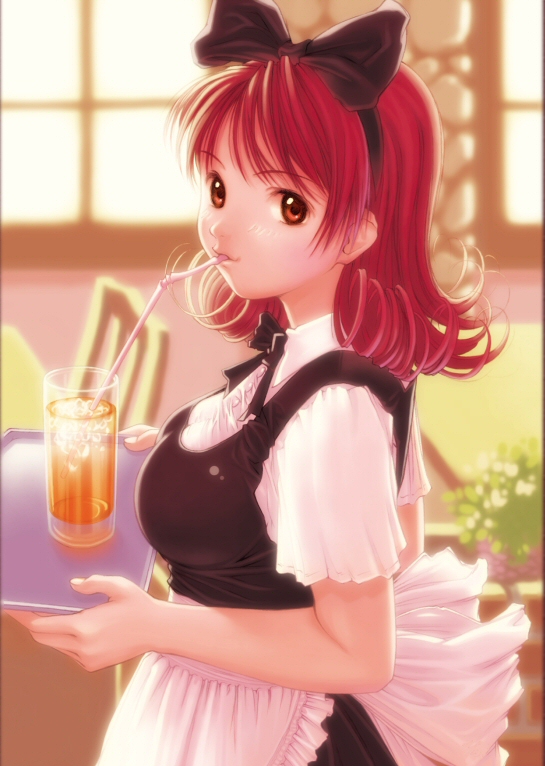 1girl kobayashi_yuji kobayashi_yuuji solo tray waitress