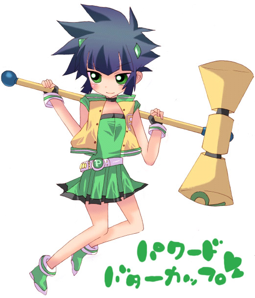 1girl artist_request black_hair closed_mouth dress full_body green_dress green_eyes green_hair hammer holding holding_weapon looking_at_viewer mallet matsubara_kaoru multicolored_hair powered_buttercup powerpuff_girls powerpuff_girls_z shoes short_hair simple_background smile sneakers solo streaked_hair translation_request weapon white_background
