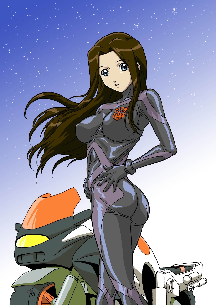 00s 1girl arcee ass autobot bad_anatomy black_suit blue_eyes bodysuit breasts brown_hair car cleavage erect_nipples female formal from_behind gloves ground_vehicle hands_on_hips highres large_breasts latex leather legs long_hair looking_back midriff misha_miramond motor_vehicle motorcycle navel night racequeen racing_suit skin_tight sky smile solo spandex star suit transformers transformers_superlink vehicle wind