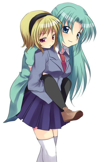 2girls blonde_hair blue_eyes breasts eyebrows green_hair hairband higurashi_no_naku_koro_ni houjou_satoko long_hair mei multiple_girls necktie pantyhose piggyback plaid plaid_skirt pleated_skirt red_eyes short_hair skirt sonozaki_shion subaru_(yachika) thigh-highs