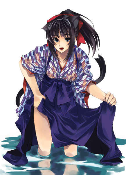 1girl animal_ears bashamichi cat_ears cat_tail japanese_clothes solo tail tasuki water yagasuri