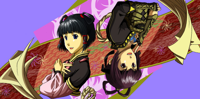2girls bangs black_hair blunt_bangs blush crossed_arms double_bun gensou_suikoden gensou_suikoden_v hair_rings hands_on_own_chest long_sleeves looking_at_viewer lyon miakis military military_uniform multiple_girls portrait purple_background purple_hair short_hair simple_background smile uniform upper_body violet_eyes