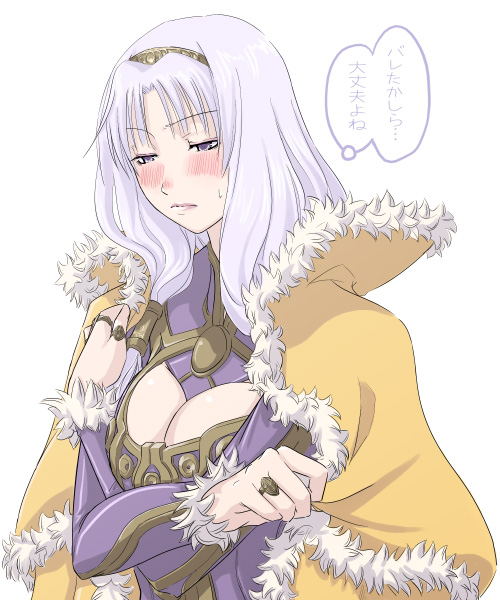 1girl blush breasts cleavage crossed_arms facing_viewer fur_trim jewelry large_breasts mr.romance purple_clothes purple_hair ragnarok_online ring solo sweatdrop tiara translation_request upper_body violet_eyes wizard wizard_(ragnarok_online)
