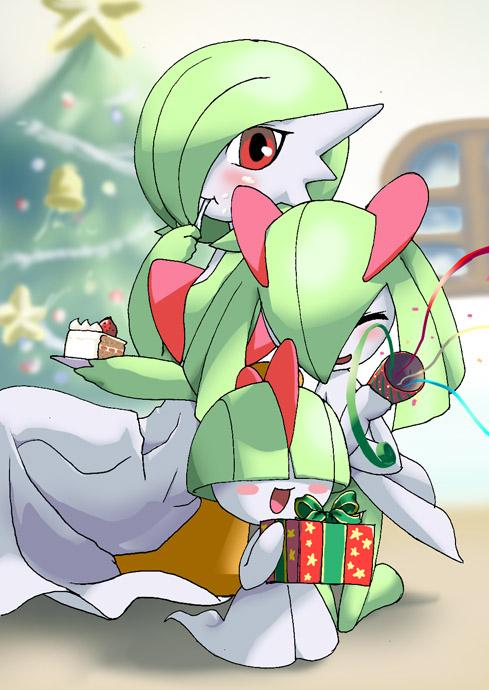 azuma_doguu bell blurry blush blush_stickers box cake christmas christmas_ornaments christmas_tree closed_eyes depth_of_field eating food fruit gardevoir gift gift_box green_hair jpeg_artifacts kirlia nintendo no_humans open_mouth party_popper pastry plate pokemon ralts red_eyes ribbon slice_of_cake star strawberry strawberry_shortcake