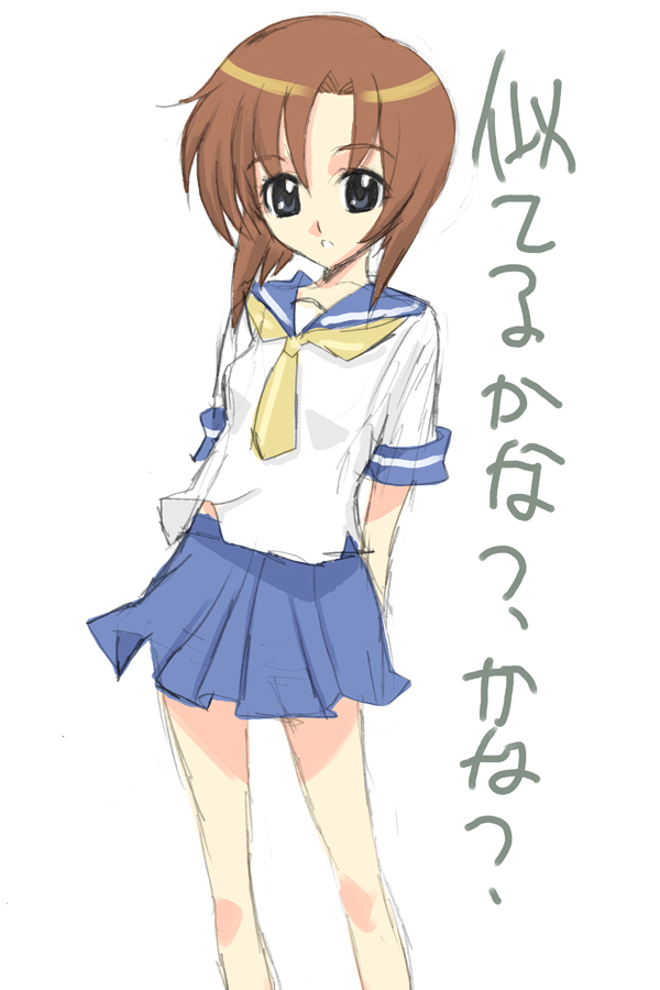 1girl arms_behind_back black_eyes brown_hair higurashi_no_naku_koro_ni nagy necktie ryuuguu_rena school_uniform serafuku short_hair short_sleeves simple_background skirt solo white_background