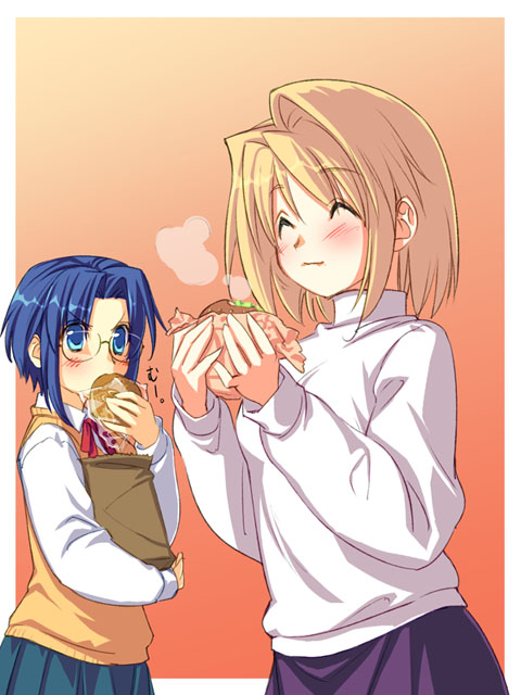 00s 2girls ^_^ arcueid_brunestud blonde_hair blue_eyes blue_hair blush bread ciel closed_eyes curry eating food glasses hamburger multiple_girls orange_background school_uniform serafuku skirt steam sweater tsukihime yuuki_keisuke