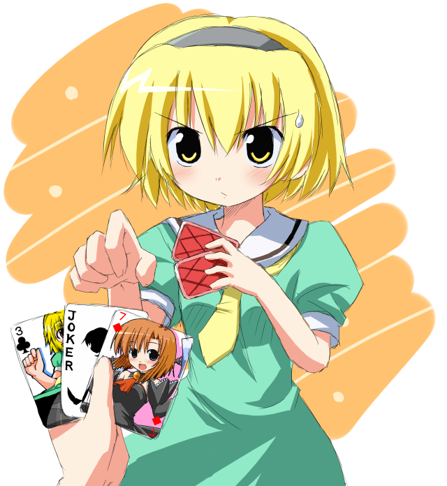 1girl angel_mort card higurashi_no_naku_koro_ni holding holding_card hoshi_umi houjou_satoko playing_games pov ryuuguu_rena solo_focus