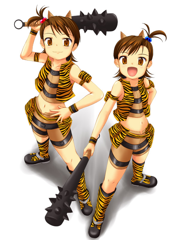 2girls :d blue_oni boots club cool_&amp;_sexy_(idolmaster) cosplay flipped_hair futami_ami futami_mami idolmaster kanabou multiple_girls nishi_(count2.4) oni open_mouth red_oni siblings sisters smile tetsubo_(weapon) tiger_print twins weapon