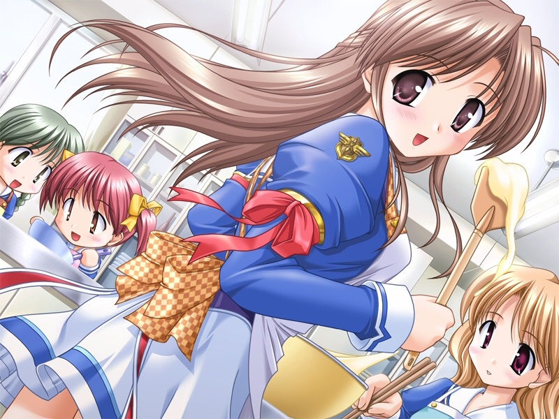 00s 4girls apron bekkankou blush bowl brown_hair checkered food fujieda_honami game_cg hanihani kitchen long_hair multiple_girls pink_eyes school_uniform serafuku solo_focus spatula tsuki_wa_higashi_ni_hi_wa_nishi_ni