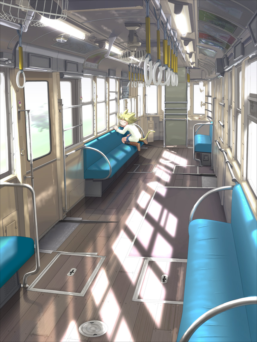 alone androgynous animal_ears cat_ears cat_tail empty ground_vehicle kitsupon light original sitting solo tail train train_interior vanishing_point