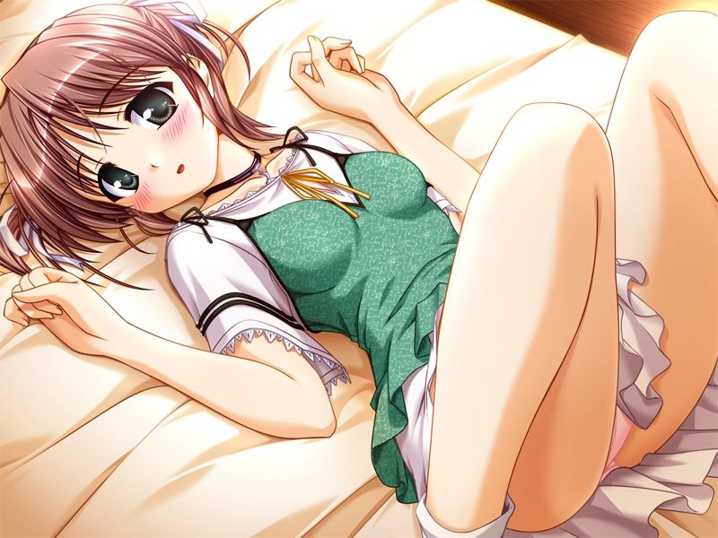 1girl asagiri_mai bed bekkankou blush brown_hair camisole dress game_cg green_eyes hair_ribbon jewelry lying multicolored_dress necklace on_back panties pantyshot pink_panties ribbon short_hair skirt socks solo underwear upskirt white_legwear white_panties yoake_mae_yori_ruri_iro_na