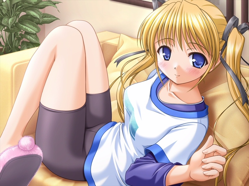 00s 1girl bekkankou bike_shorts blonde_hair blue_eyes blush chair game_cg hair_ribbon hanihani long_hair reclining ribbon shibugaki_matsuri sitting slippers smile solo tsuki_wa_higashi_ni_hi_wa_nishi_ni