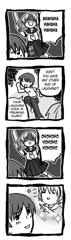 1boy 2girls 4koma billhook comedy comic greyscale hatchet higurashi_no_naku_koro_ni houjou_satoko long_image maebara_keiichi monochrome multiple_girls ryuuguu_rena tall_image translated