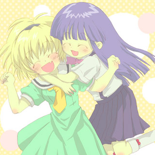 2girls artist_request blonde_hair blue_hair blue_skirt blush bow bowtie closed_eyes dress furude_rika green_dress green_skirt higurashi_no_naku_koro_ni houjou_satoko hug hug_from_behind long_hair lowres multiple_girls pink_bow plait skirt smile suspenders teeth white_legwear yellow_bow yellow_bowtie