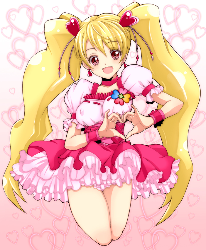 bad_id blonde_hair cure_peach earrings fresh_precure! fresh_pretty_cure! frills futari_wa_pretty_cure heart heart_hands jewelry kannagi_kaname long_hair magical_girl momozono_love precure red_eyes skirt smile solo twintails