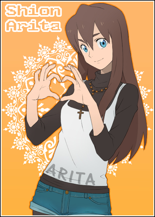 bad_id birdy_the_mighty birdy_the_mighty_decode blue_eyes brown_hair chimachi heart heart_hands long_hair pantyhose shorts smile tetsuwan_birdy tetsuwan_birdy_decode