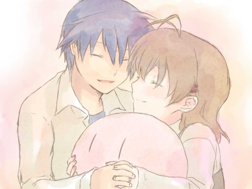 blue_eyes brown_hair clannad closed_eyes dango dango_daikazoku furukawa_nagisa hand_holding himetsuba holding_hands hug husband_and_wife okazaki_tomoya short_hair