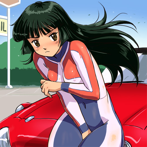 bodypaint car covering covering_crotch erect_nipples false_clothes gotta_pee green_hair haruyama long_hair lowres motor_vehicle nude ono_reiko vehicle yoroshiku_mechadock