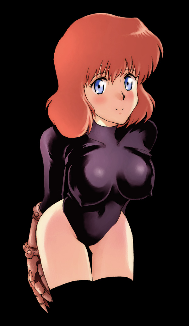 arms_behind bent_over blue_eyes brown_hair castle_of_cagliostro clarisse_de_cagliostro erect_nipples gloves kikumaru_bunta leotard lupin_iii oldschool short_hair simple_background thigh-highs thighhighs