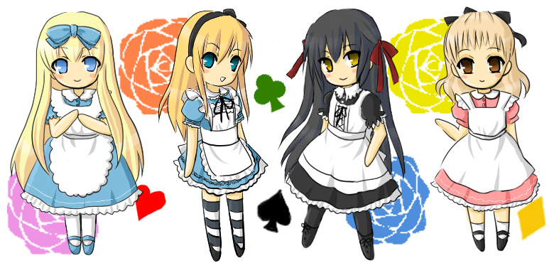 alice_in_wonderland alice_liddell amber_eyes apron black_hair blonde_hair blue_eyes blush bow brown_eyes chibi cute dress dual_persona hair_bow hair_ribbon long_hair mary_janes navi_(artist) ribbon shoes smile socks striped striped_legwear striped_thighhighs thigh-highs thighhighs