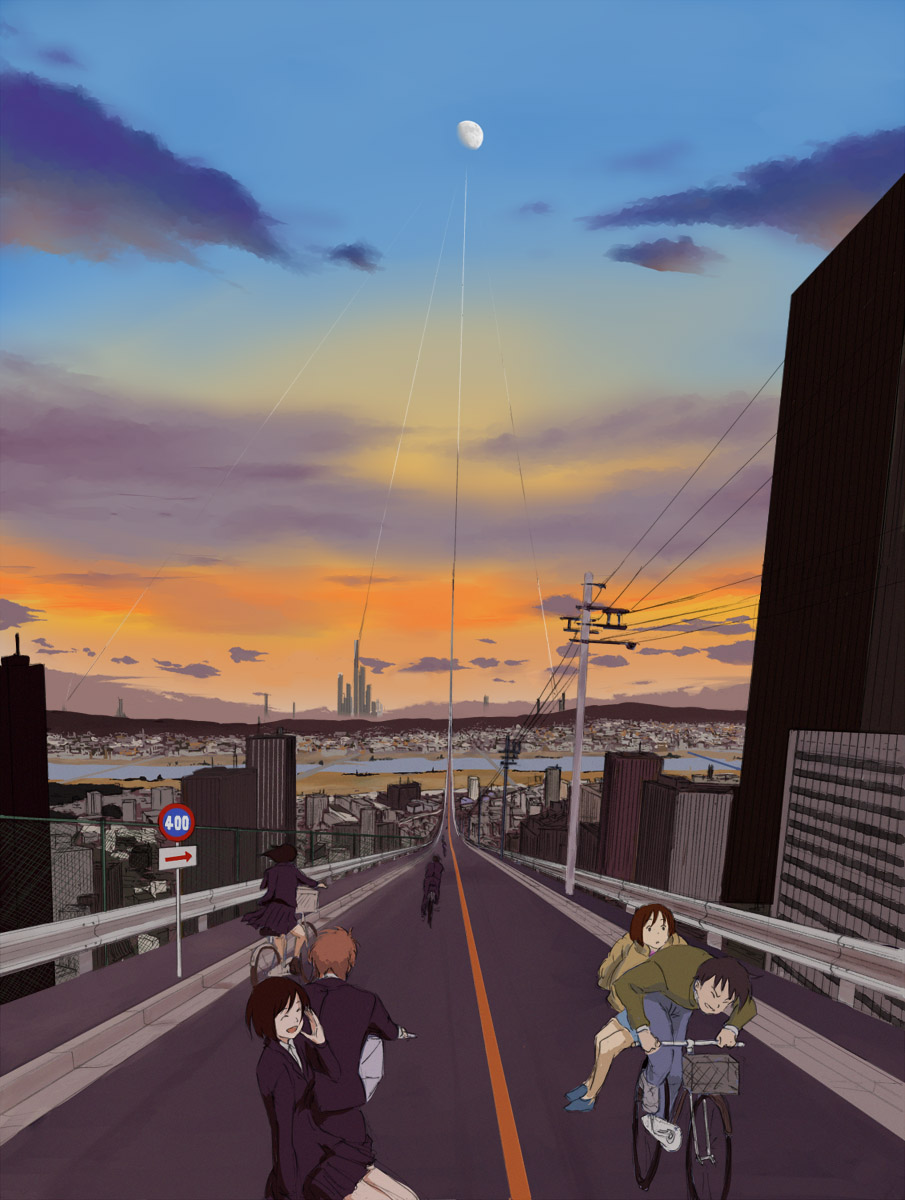 building city cityscape cloud clouds happy highres kumosuke moon power_lines river road road_sign scenery school_uniform sign sky skyscraper traffic_sign