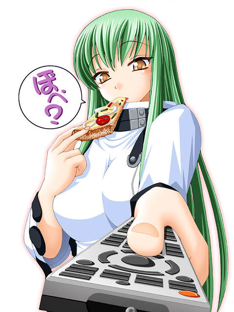 cc code_geass controller food green_hair keito long_hair pizza remote_control translation_request yellow_eyes