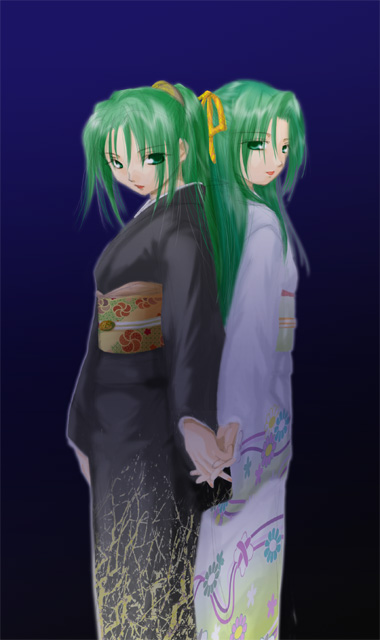 2girls green_eyes green_hair half_updo hand_holding higurashi_no_naku_koro_ni japanese_clothes kimono long_hair multiple_girls ponytail siblings sisters sonozaki_mion sonozaki_shion twins