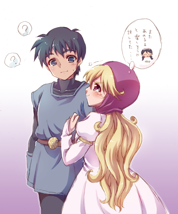 1boy 1girl blonde_hair blush breasts bridal_gauntlets closed_mouth commentary_request curly_hair dragon_quest dragon_quest_ii dress gloves hood kichijou_agata long_hair prince_of_lorasia princess_of_moonbrook simple_background smile white_robe