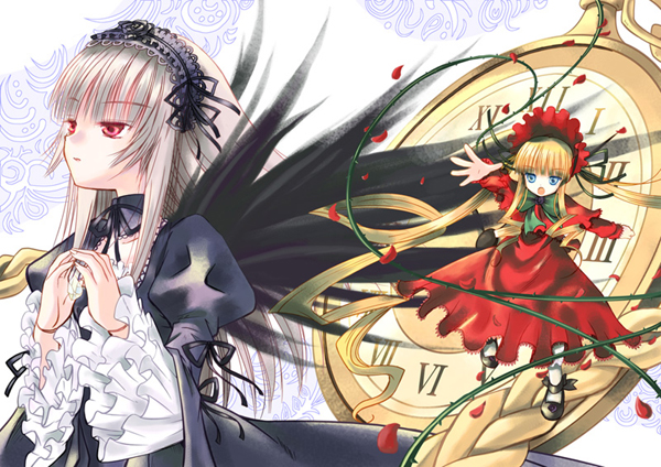 00s 2girls black_dress black_wings blonde_hair blue_eyes bonnet clock dress drill_hair frilled_sleeves frills full_body long_hair multiple_girls outstretched_arm pink_eyes red_dress roman_numerals rozen_maiden shinku sidelocks silver_hair simple_background suigintou twintails watari_shinji white_background wings