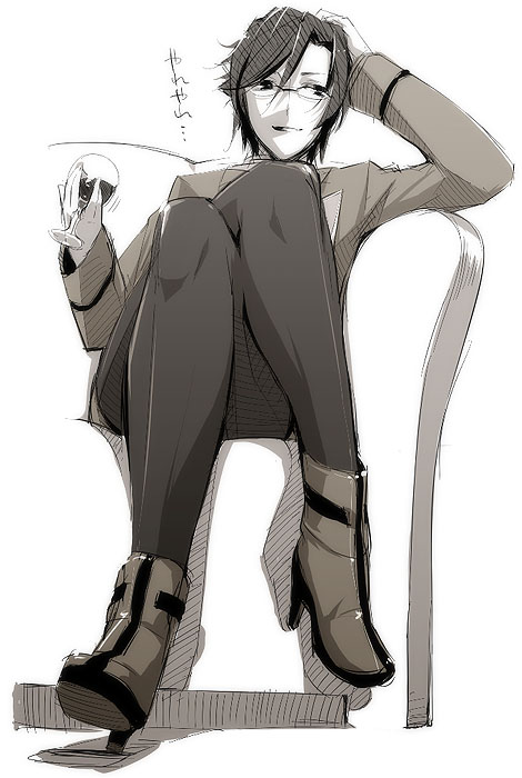 1girl alcohol boots chie_hallard cup cupping_glass drinking_glass face glasses high_heels kyo_(kuroichigo) legs legs_crossed monochrome my-otome pantyhose shoes sitting solo wine wine_glass
