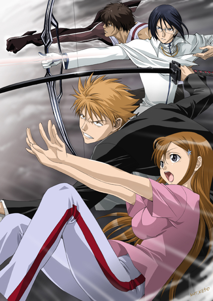 1girl 3boys angry bankai battle black_hair bleach blue_eyes blue_hair bow_(weapon) breasts brown_hair capelet clenched_hand fighting_stance glasses grey_eyes hair_ornament hairclip hands holding holding_bow_(weapon) holding_sword holding_weapon inoue_orihime ishida_uryuu kedo_mitsuharu kurosaki_ichigo large_breasts long_hair long_sleeves multiple_boys open_mouth orange_hair pants pink_shirt sado_yasutora shirt short_hair short_sleeves spiky_hair sword t-shirt weapon white_capelet