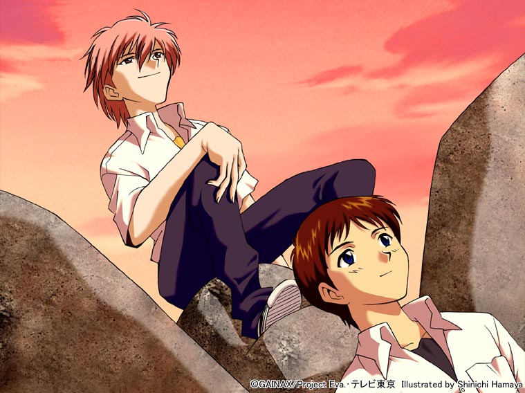 2boys blue_eyes brown_eyes hamaya_shin'ichi ikari_shinji male_focus multiple_boys nagisa_kaworu neon_genesis_evangelion outdoors rock school_uniform shinichi_hamaya sky sunset twilight