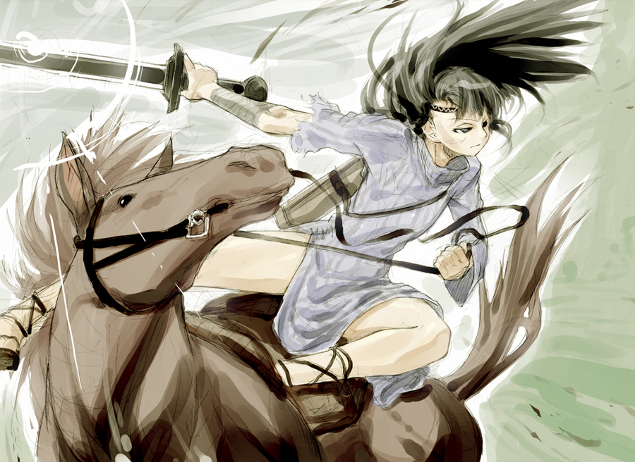 1girl 3 3_(artist) black_eyes black_hair horse horseback_riding number quiver reins riding solo sun-3 sword weapon