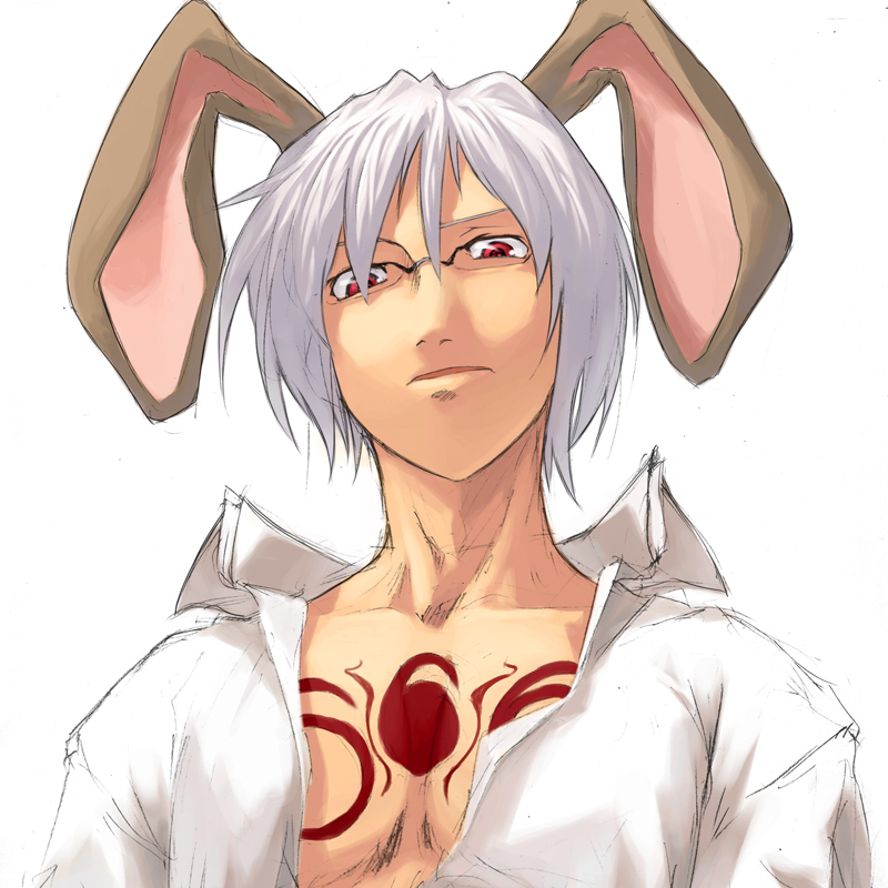 1boy animal_ears copyright_request glasses male_focus number open_clothes open_shirt rabbit_ears red_eyes shirt solo sun-3 tattoo white_hair white_shirt