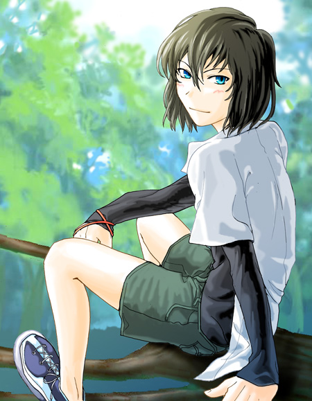 00s 1boy black_hair blue_eyes blush casual child looking_at_viewer male_focus nature short_hair shorts sitting smile solo tohno_shiki_(original) toono_shiki_(2) tree tree_branch tsukihime younger