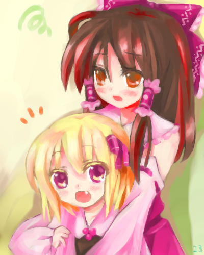 23 23_(candy_chapus) 2girls blonde_hair blush bow brown_hair detached_sleeves fang female hair_bow hair_ribbon hair_tubes hakurei_reimu hug hug_from_behind japanese_clothes lowres miko multicolored_hair multiple_girls pink_eyes red_eyes ribbon rumia the_embodiment_of_scarlet_devil touhou two-tone_hair youkai