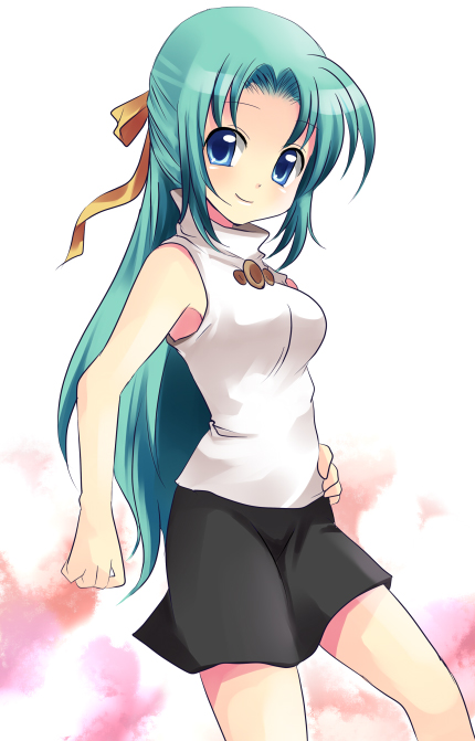 1girl bare_shoulders green_eyes green_hair half_updo higurashi_no_naku_koro_ni long_hair mei ponytail skirt solo sonozaki_shion subaru_(yachika) turtleneck