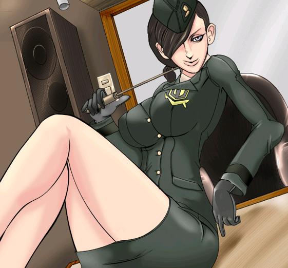 1girl blue_eyes breasts brown_hair copyright_request garrison_cap gloves hair_over_one_eye hat large_breasts long_sleeves military military_uniform mokusa pointer sitting skirt solo uniform