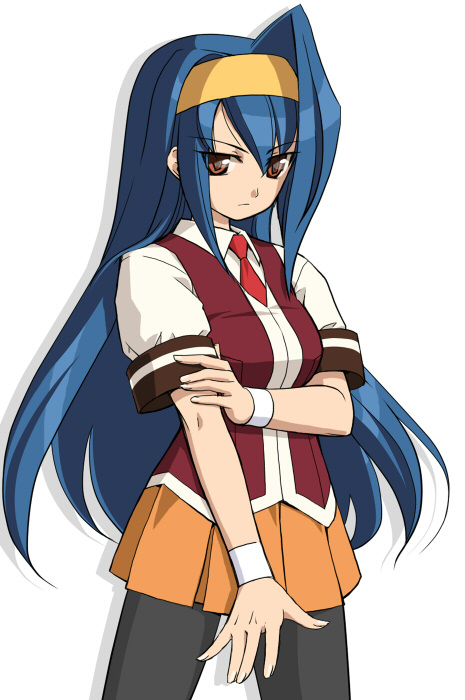 1girl aq_interactive arcana_heart atlus blue_hair examu hairband long_hair orange_eyes orange_skirt pantyhose saki school_uniform serafuku shimamura_miwa skirt solo tsuzura_saki