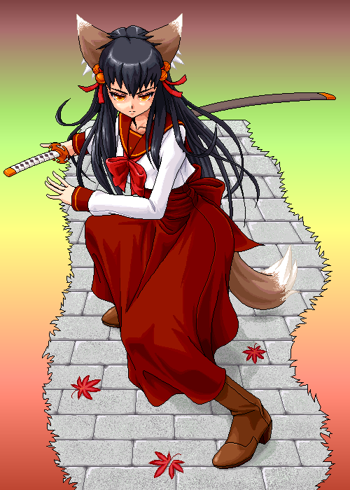 animal_ears boots fox_ears katana oekaki original school_uniform serafuku sword tail weapon yuuki yuuki_(silent_moon)