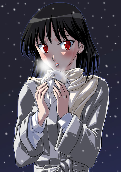 00s 1girl baozi breath food nikuman scarf school_rumble snow snowing solo tsukamoto_yakumo