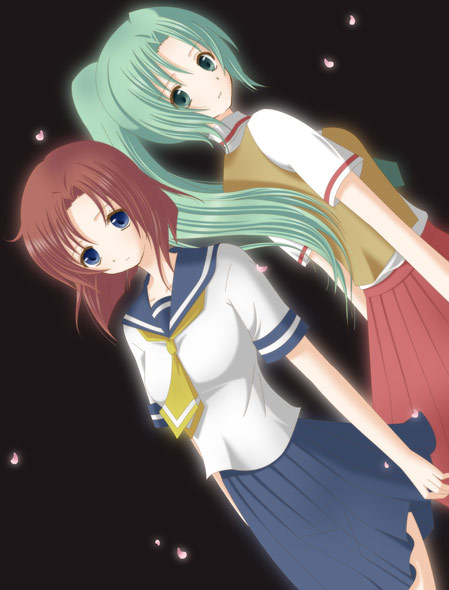 2girls back-to-back black_background blue_eyes blue_skirt brown_hair cowboy_shot dutch_angle green_eyes green_hair higurashi_no_naku_koro_ni looking_at_viewer looking_back multiple_girls neckerchief pleated_skirt ponytail red_skirt redhead ryuuguu_rena sailor_collar school_uniform serafuku shirt short_hair short_sleeves simple_background skirt sonozaki_mion standing white_shirt