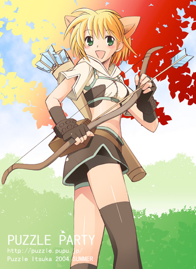 1girl :d animal_ears arrow autumn_leaves bike_shorts black_legwear blonde_hair bow bow_(weapon) cat_ears cowboy_shot fake_animal_ears fingerless_gloves gloves green_eyes happy holding holding_weapon hunter hunter_(ragnarok_online) looking_at_viewer midriff mismatched_legwear navel open_mouth quiver ragnarok_online short_hair shorts_under_skirt skirt smile solo standing stomach thigh-highs weapon