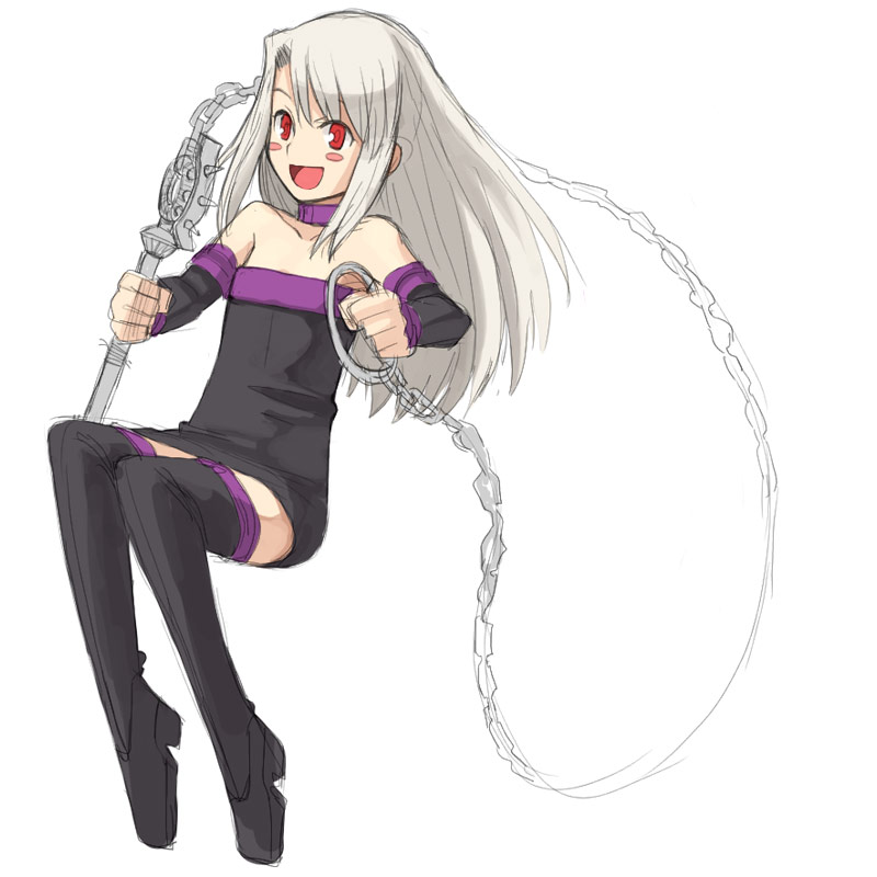 1girl :d blush_stickers boots chains collar cosplay dress fate/kaleid_liner_prisma_illya fate/stay_night fate_(series) full_body illyasviel_von_einzbern long_hair medusa_(fate)_(all) open_mouth red_eyes rider rider_(cosplay) smile solo strapless strapless_dress thigh-highs thigh_boots white_hair yu_65026 zettai_ryouiki