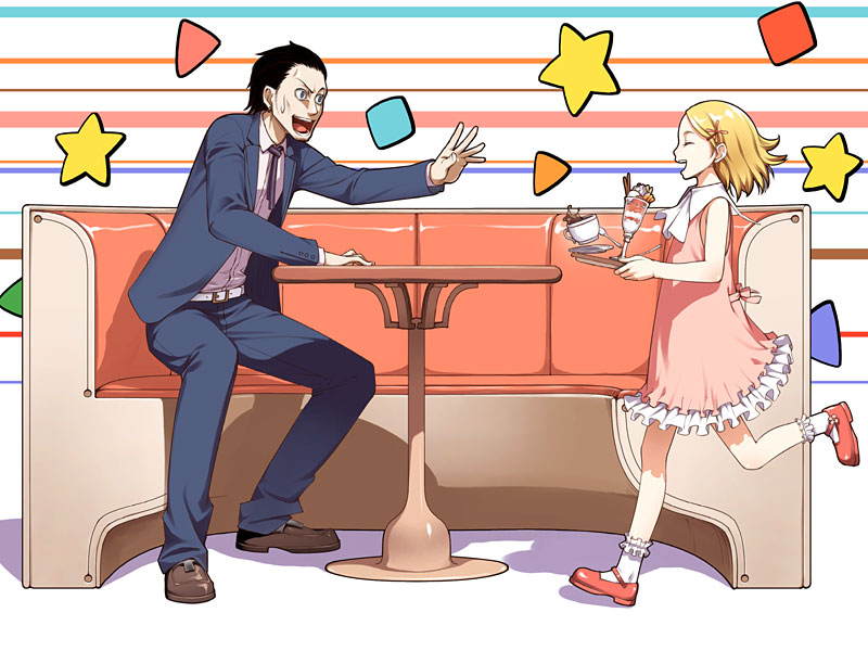1boy 1girl :d ^_^ ^o^ bare_shoulders belt bench benimura_karu black_hair blonde_hair blue_eyes blush booth child closed_eyes coffee collared_shirt dress dress_shirt food formal frills from_side full_body ice_cream jacket karukaru lace long_sleeves necktie open_clothes open_jacket open_mouth original outstretched_arms pink_dress profile red_necktie red_upholstery running shapes shirt short_hair sitting smile star suit sundae surprised table tray waitress white_belt white_legwear white_shirt