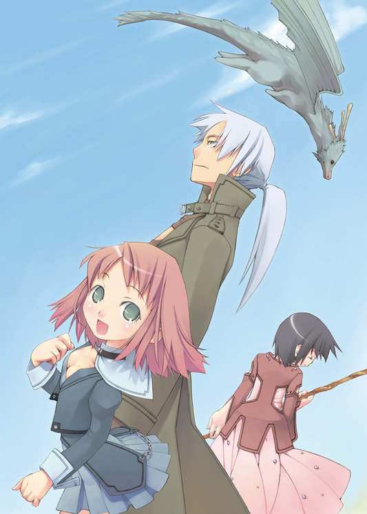 1boy 2girls black_hair blazer blue_skirt blue_sky breasts brown_hair cleavage clouds creature day dragon dress dutch_angle flying from_behind from_side frown green_eyes holding holding_weapon jacket kiritomo_koroha looking_at_viewer looking_to_the_side monster multiple_girls open_mouth original pink_skirt pleated_skirt polearm ponytail redhead short_hair silver_hair skirt sky smile staff weapon white_hair