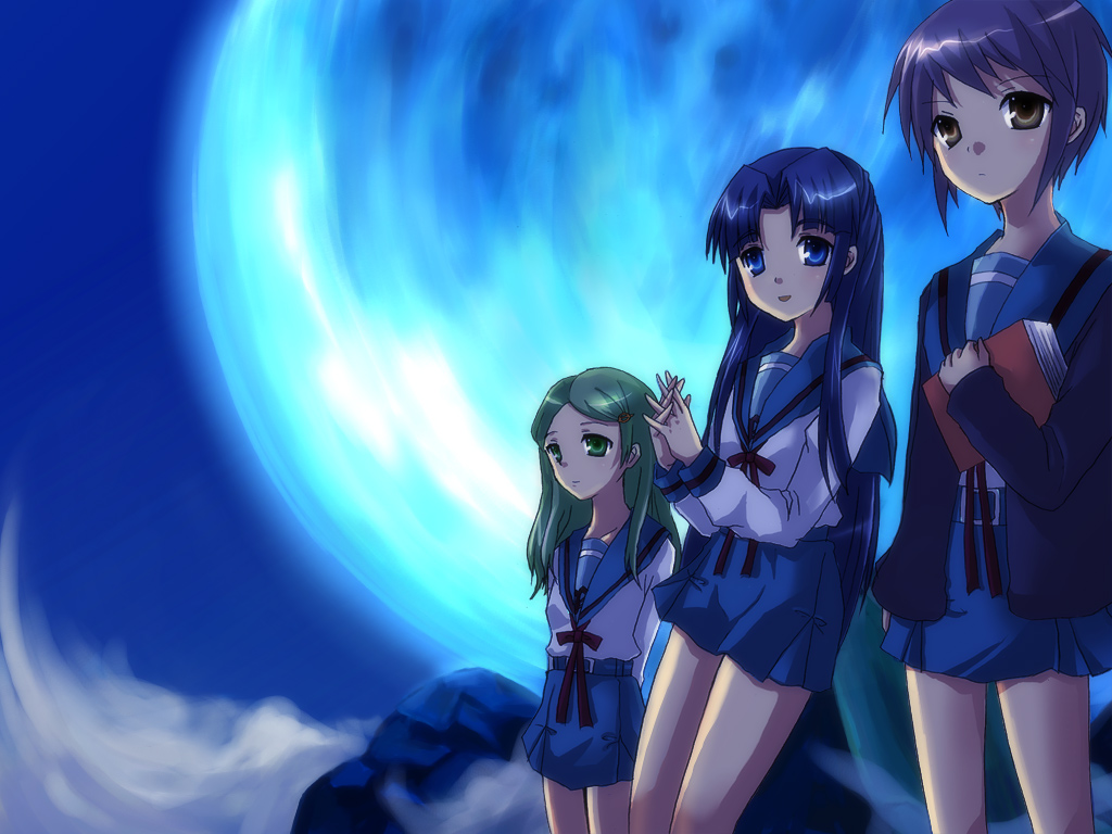 3girls arms_behind_back asakura_ryouko bangs blue_eyes blue_hair book expressionless green_eyes green_hair hair_ornament hairclip half-closed_eyes hands_together holding holding_book interlocked_fingers inui_nagi kimidori_emiri long_hair moon multiple_girls nagato_yuki purple_hair ribbon school_uniform serafuku short_hair skirt smile suzumiya_haruhi_no_yuuutsu yellow_eyes