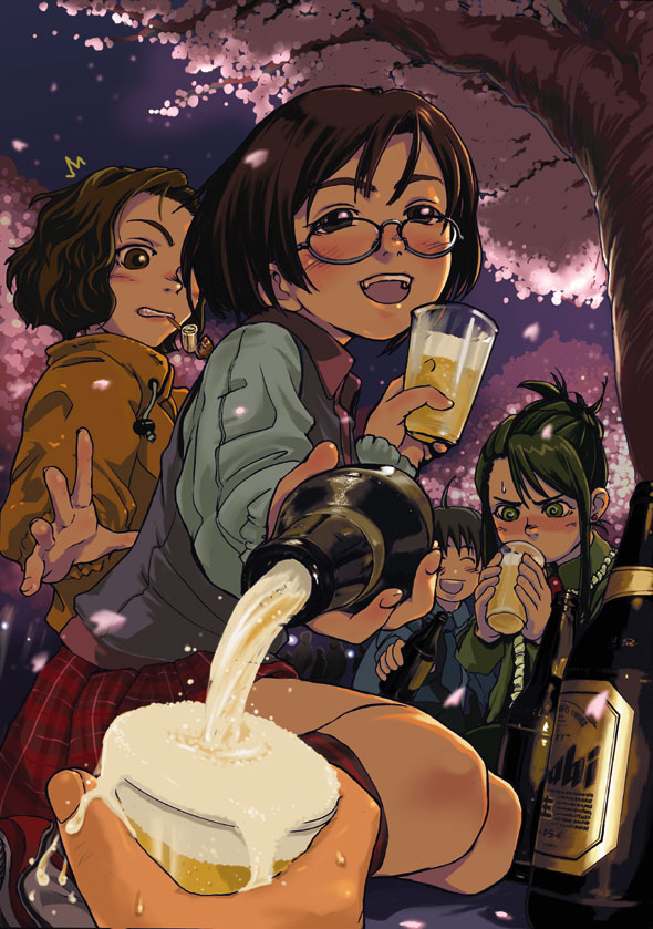 1boy 3girls :d @_@ ^_^ alcohol beer blush bottle brown_eyes brown_hair cherry_blossoms closed_eyes cup drinking drinking_glass drunk forest from_below froth glass glasses green_eyes green_hair grove hanami holding holding_bottle holding_cup hood hood_down hoodie kneehighs long_sleeves looking_at_viewer miniskirt mouth_hold multiple_girls nature night nose_blush open_mouth park party pipe plaid plaid_skirt pouring pov pov_hands sakura short_hair sitting skirt sky smile spilling tree yokozuwari